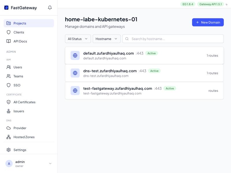 Domains in a project, each mapped to a Gateway with a hostname, port, and TLS status