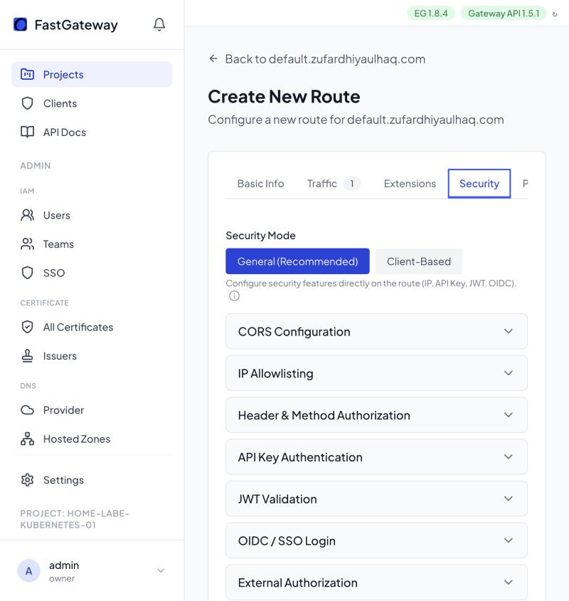 The Security tab of the route builder — pick General or Client-Based mode, then configure CORS, IP allowlisting, API keys, JWT, OIDC, and external authorization