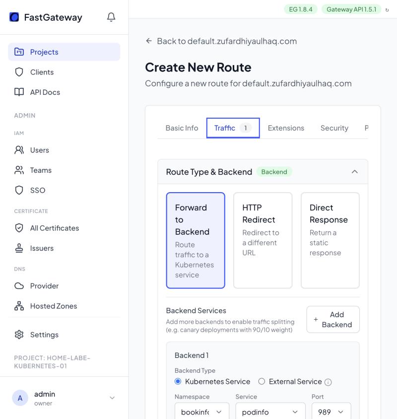 The Traffic tab of the route builder, where you choose a backend type and add Kubernetes or external services with weights for traffic splitting