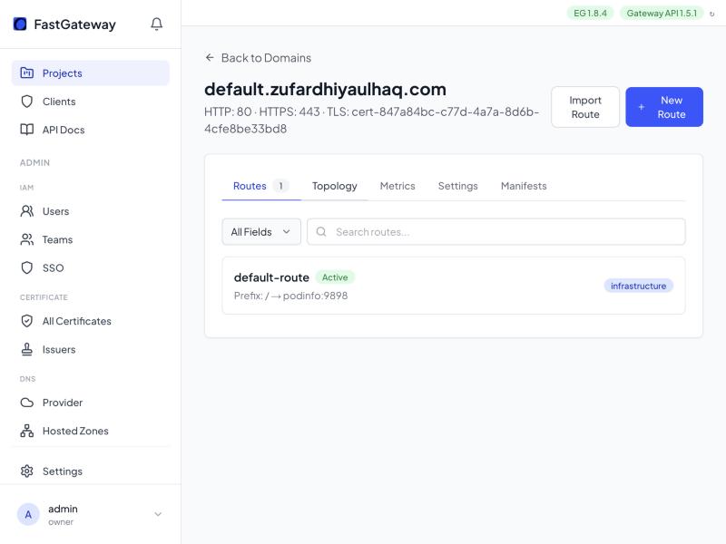 A domain's Routes tab in FastGateway, showing a prefix route forwarding to a backend service