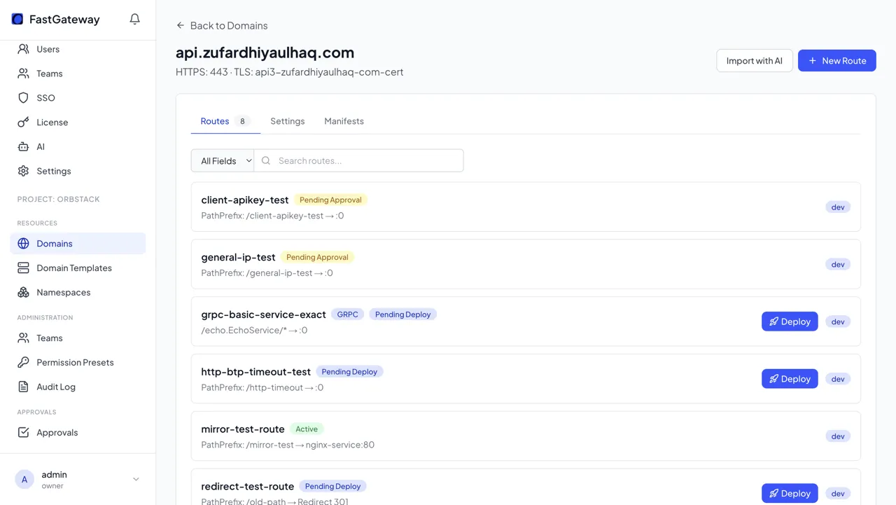 FastGateway route management interface